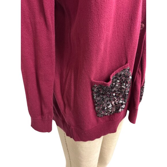 Loft Womens Burgundy Sequin Pocket Cardigan Sweater XL All Cotton Made In China - Picture 3 of 11